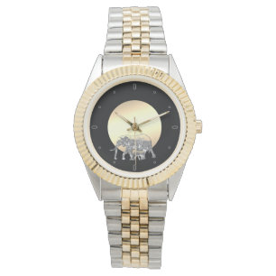 Montre Maman et bébé éléphant au soleil couchant