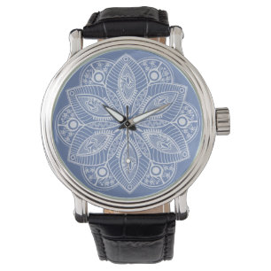 Montre Mandala blanc exotique sur Arrière - plan bleu