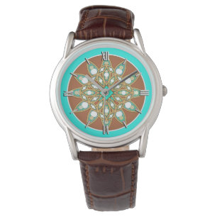 Montre Mandala motif au chocolat, bronzage et turquoise