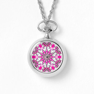 Montre Mandala motif, rose chaud, noir et blanc