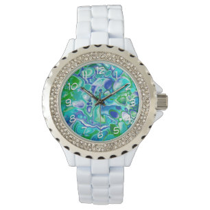 Montre Marbre bleu et vert Fluid Art Abstrait