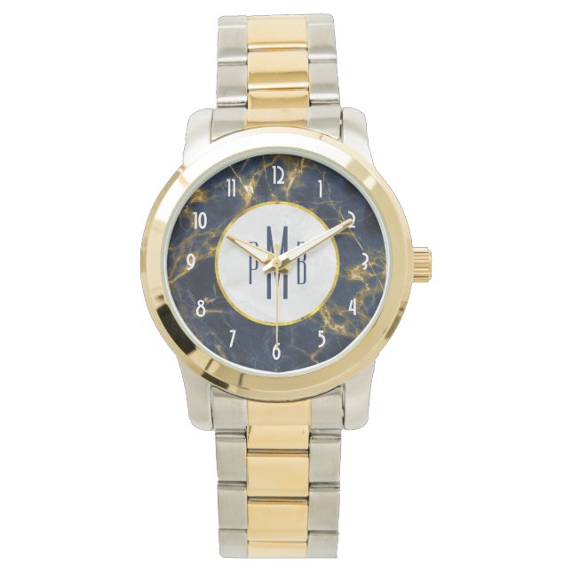 Montre Marbre bleu marine et or Marbre moderne Monogramme (devant)