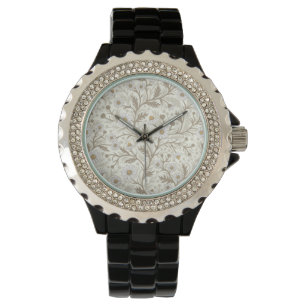 Montre Marguerites en blanc et marron sur fond blanc cass