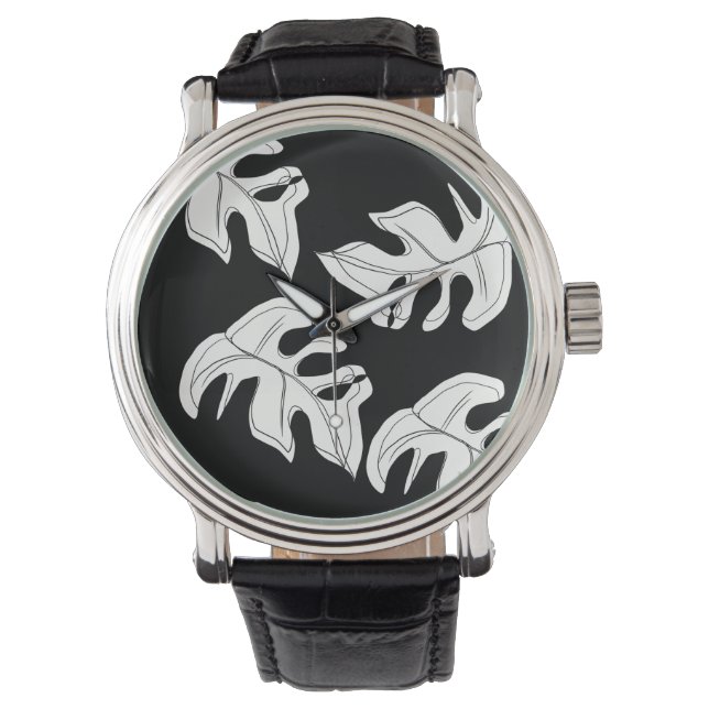Montre Mariage botanique noir de Monstera (devant)