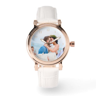 Montre Mariage Photo Elegant Rose or & cuir blanc
