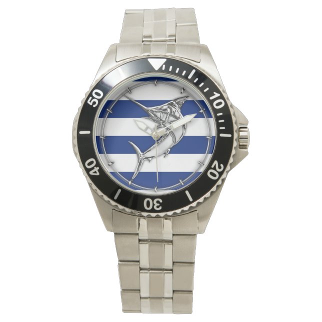 Montre Marlin espadon sur les bandes bleues nautiques (devant)