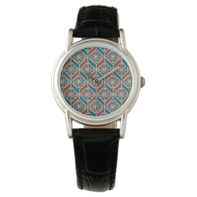 Montre Maroon, Motif ethnique Turquoise, Fleurs, Chevrons (devant)
