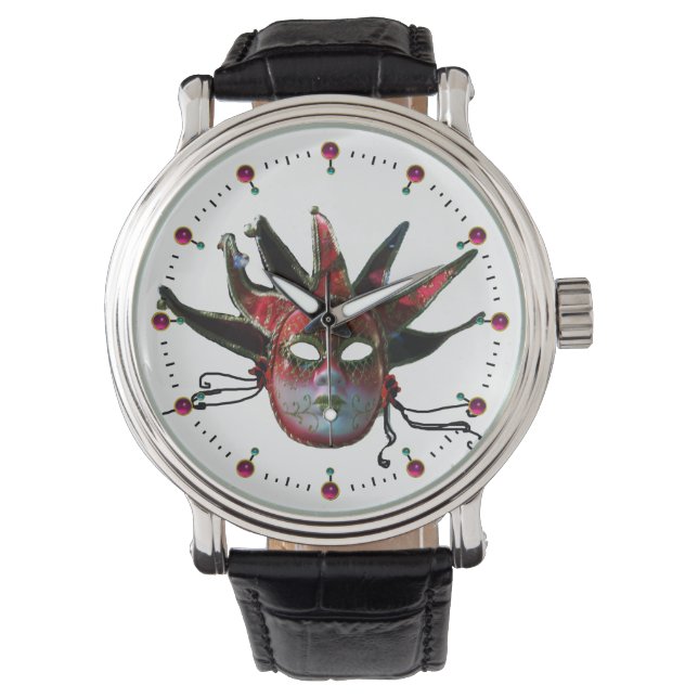 Montre MASQUE JESTER NOIR ET ROUGE, Fête Masquerade (devant)
