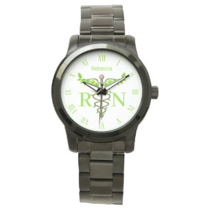 Montre Médicale Caduceus Green Feuilles Infirmière inscri
