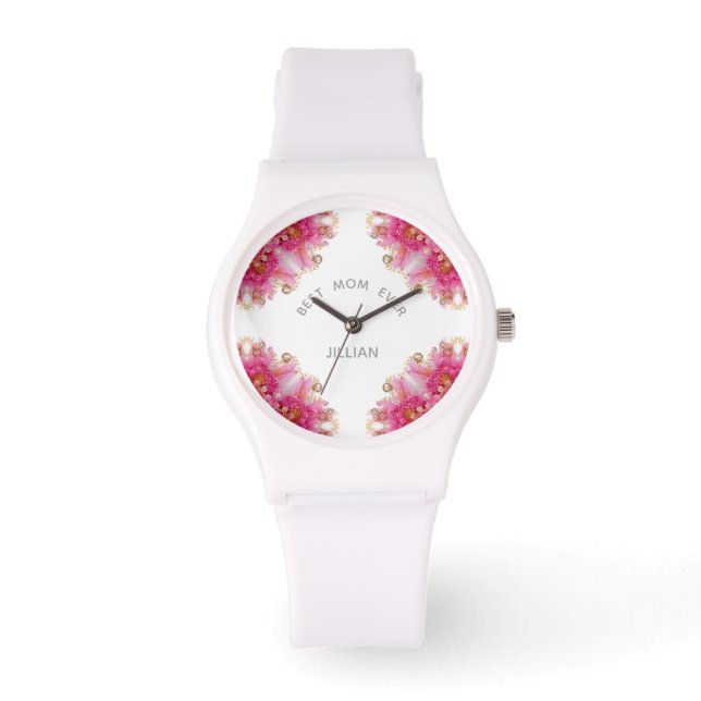 Montre Meilleure Maman Jamais, Élégant rose Fuchsia Flora (Recto)