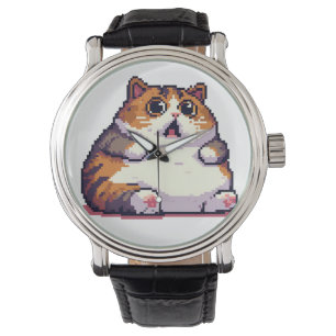 Montre Mème de chat gras orange choqué pixel art