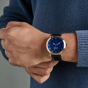 Montre Mens Navy Blue Gold Monogramme Black Leather Stran