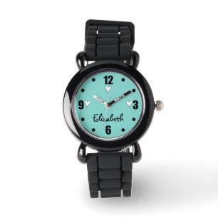 Montre Menthe et noir avec le coeur et le nom