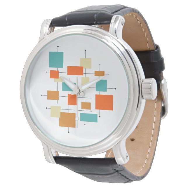 Montre Mi-siècle Moderne Rétro Orange Turquoise Carré (Incliné)