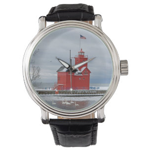 Montre Michigan Grand Phare Rouge Avec Cygnes D'Hiver