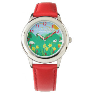 Montre mignon moutons avec arbres collines ciel bleu et j