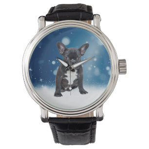 Montre Mignonne French Bulldog Etoiles de neige Bleu Noël