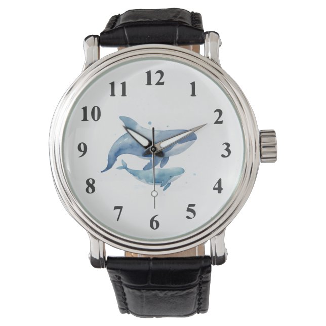 Montre Mignonne maman et bébé Bleu Baleine Aquarelle (devant)