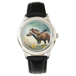 Montre Mignonne poney brun dans le champ floral