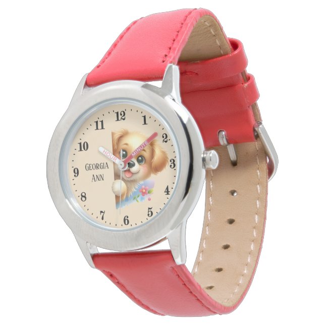 Montre Mignonnes filles à regarder le chiot ajouter nom (Incliné)