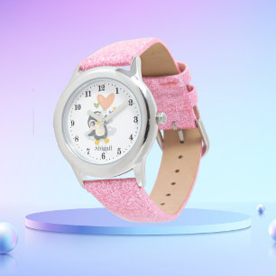 Montre mignonnes filles pingouins amoureux ajouter nom