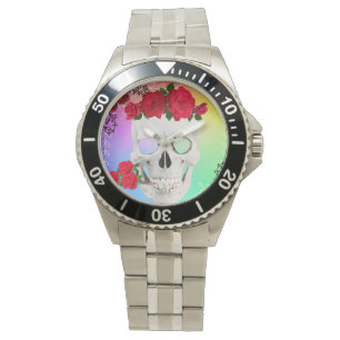 Montre Mikitiez crâne rose baroque arc-en-ciel