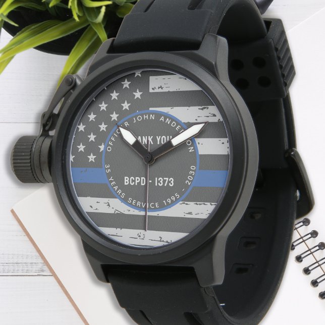 Montre Mince ligne bleue Merci retraite Cadeau police (Créateur téléchargé)