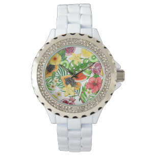 Montre Mix-fruit tropical, fleurs et feuilles sur blanc