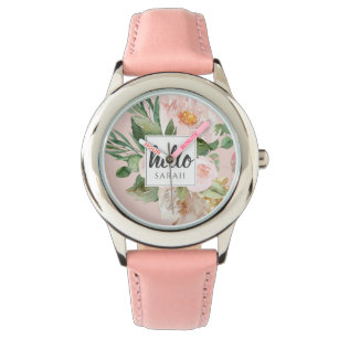 Montre Modern Watercolor Pink Flowers & Hello & Nom