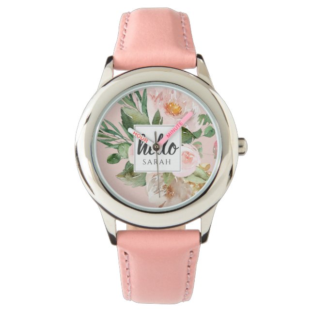 Montre Modern Watercolor Pink Flowers & Hello & Nom (devant)