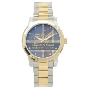 Montre monogram Blue Tartan Plaid Newlyweds Wedding