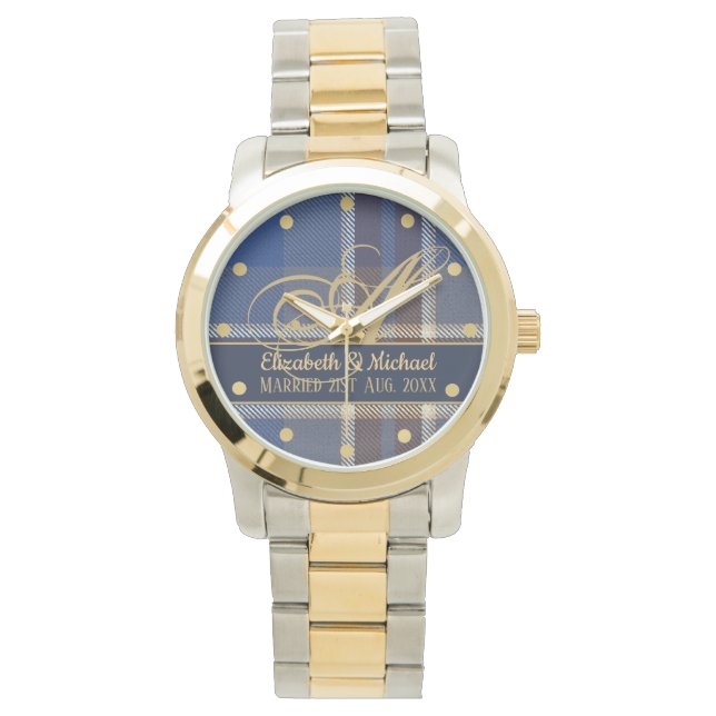 Montre monogram Blue Tartan Plaid Newlyweds Wedding (devant)