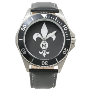 Montre Monogram Fleur De Lis Moderne Simple Noir & Blanc