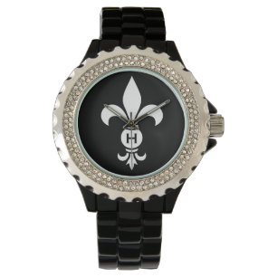 Montre Monogram Fleur De Lis Moderne Simple Noir & Blanc