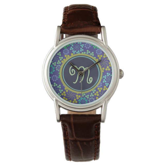 Montre Monogramme Abstrait Funky Blue Floral (devant)