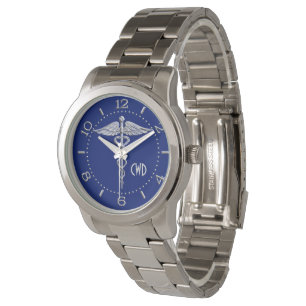 Montre Monogramme Chrome Style Symbole Médicale sur bleu 