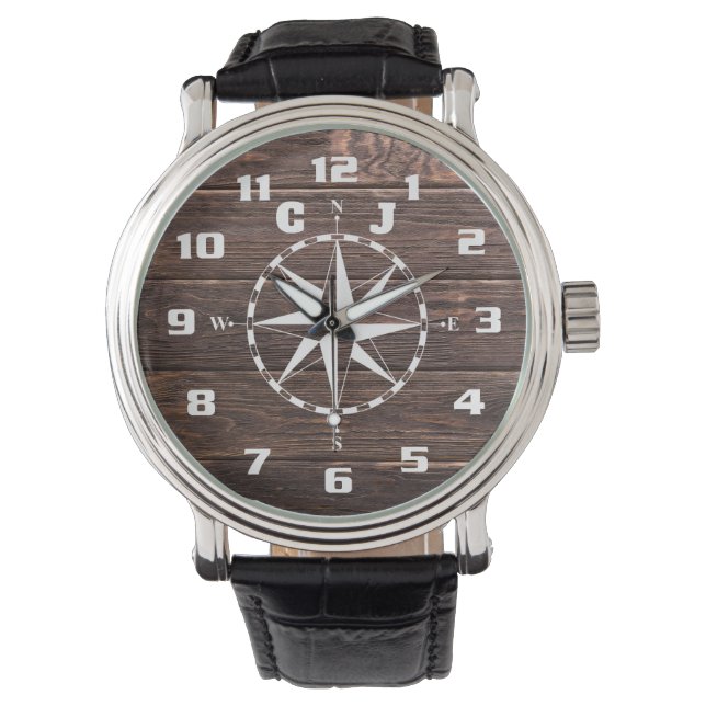 Montre Monogramme de boussole nautique rustique cool et é (devant)