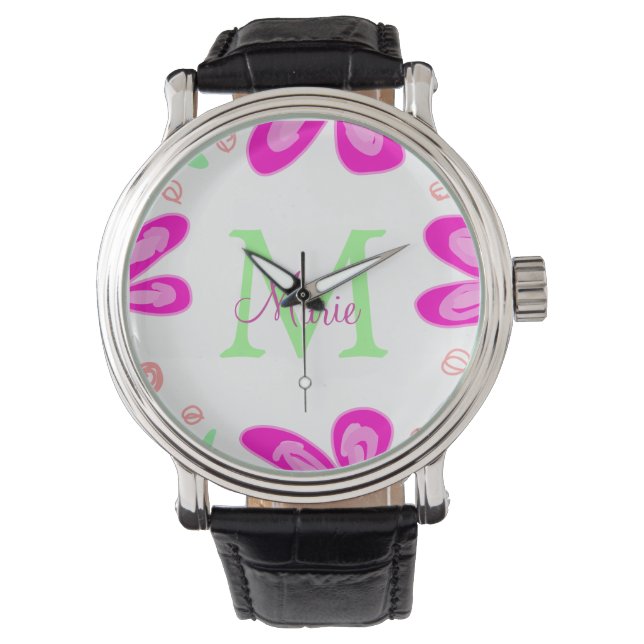 Montre monogramme de fleur rose ajouter nom lettre feuill (devant)