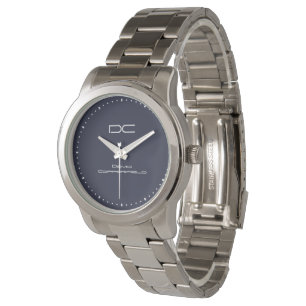 Montre Monogramme de nom d'argent bleu personnalisé