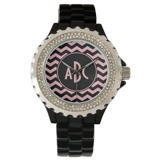 Montre Monogramme de zigzag noir et rose (devant)