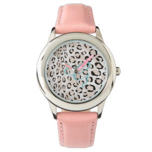 Montre monogramme d'impression chic de guépard noir et bl