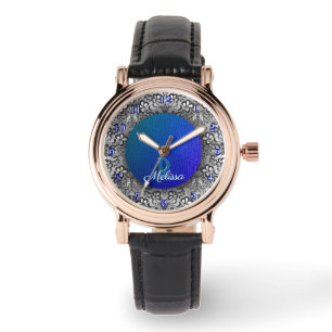Montre Monogramme en cuir faux et dentelle noire Bleu sar