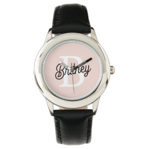 Montre Monogramme et nom personnalisé moderne Pastel Pink