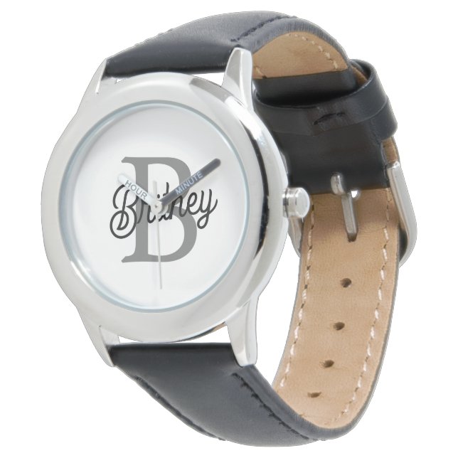 Montre Monogramme moderne élégant Nom noir Gris noir Scri (Incliné)