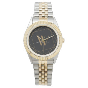 Montre Monogramme moderne Noir Nom d'or Script