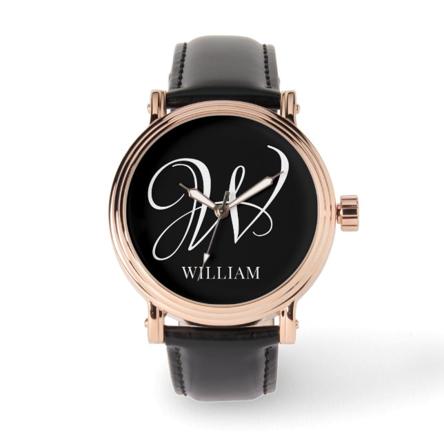 Montre Monogramme noir élégant personnalisé initial (Recto)