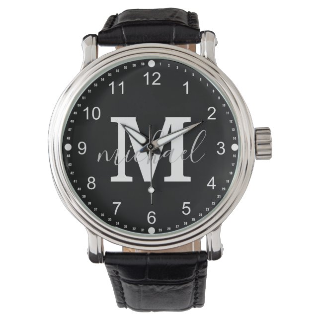Montre monogramme noir et blanc hommes personnalisés (devant)