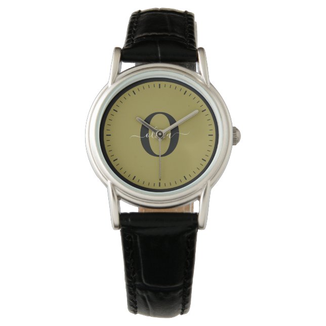 Montre Monogramme personnalisé Nom de script Black Gold W (devant)