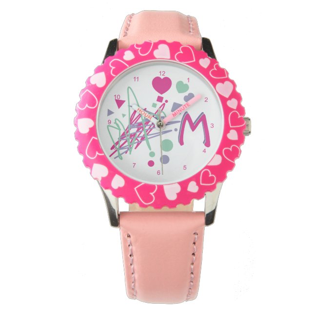 Montre Monogramme Premiers Coeurs de fille Points Couleur (devant)