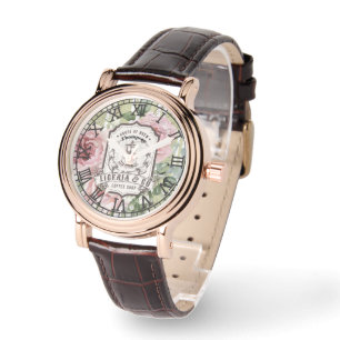 Montre Monogramme romantique rose et vert botanique franç